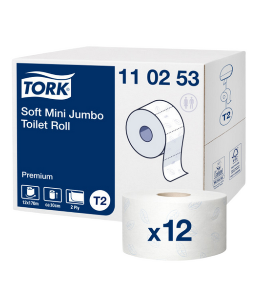 T2 - Tork Papel Higiénico Mini Jumbo Suave, Folha Dupla - 170m - 12 Rolos