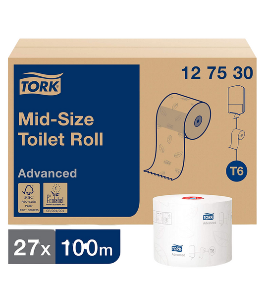 T6 - Tork Mid-size Rolo de Papel Higiénico, Folha Dupla - 100m - 27 Rolos