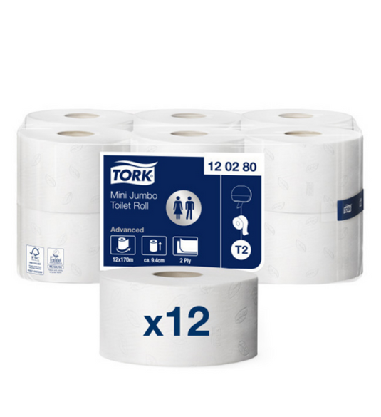 T2 - Tork Papel Higiénico Mini Jumbo, Folha Dupla - 170m - 12 Rolos