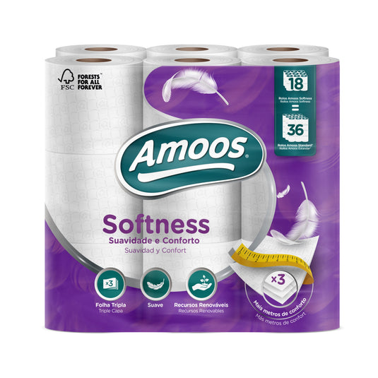 Papel Higiénico Doméstico Amoos Softness, 3 Folhas -  30m - 18 Rolos