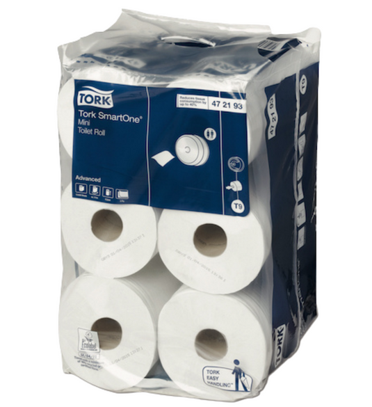 T9 -Tork SmartOne Papel Higiénico Mini, Folha Dupla - 620 Serviços - 12 Rolos